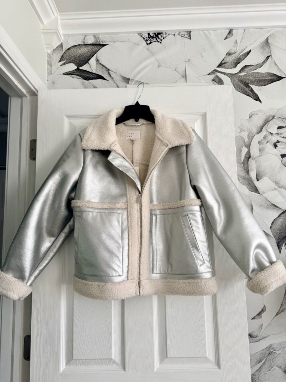NWT A New Day Silver Metallic Sherpa Aviator Jacket